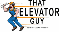 Work guy carrying wrench and a hammer, running. In the drift are the words That Elevator Guy